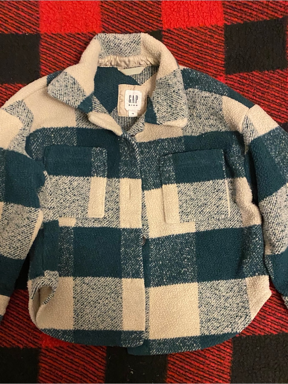 GAP Kids Teal and Cream Plaid Wool Button-Up Jacket